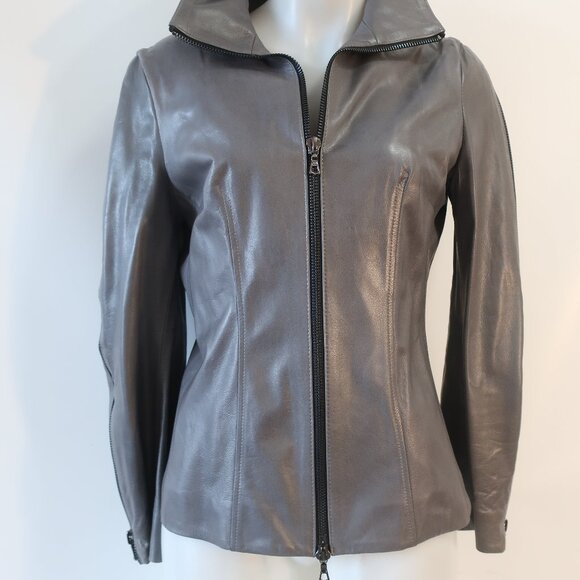 Womens Shari's Place Gray Black Zipper Motif Leather Jacket 8 - Picture 7 of 16